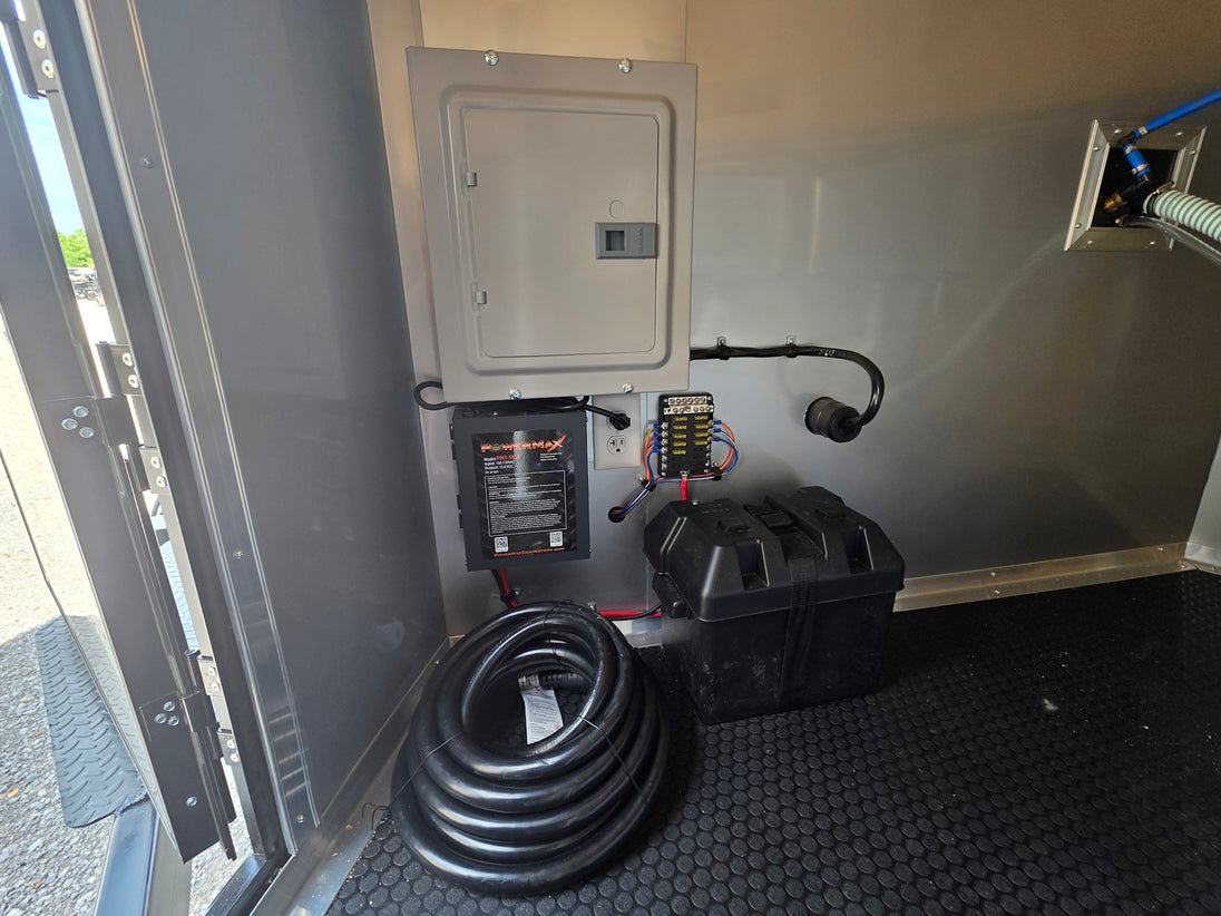 8.5'x16' Charcoal W/ Black Out Trim V-Nose Dual Awning Concession Trailer Electrical system picture 