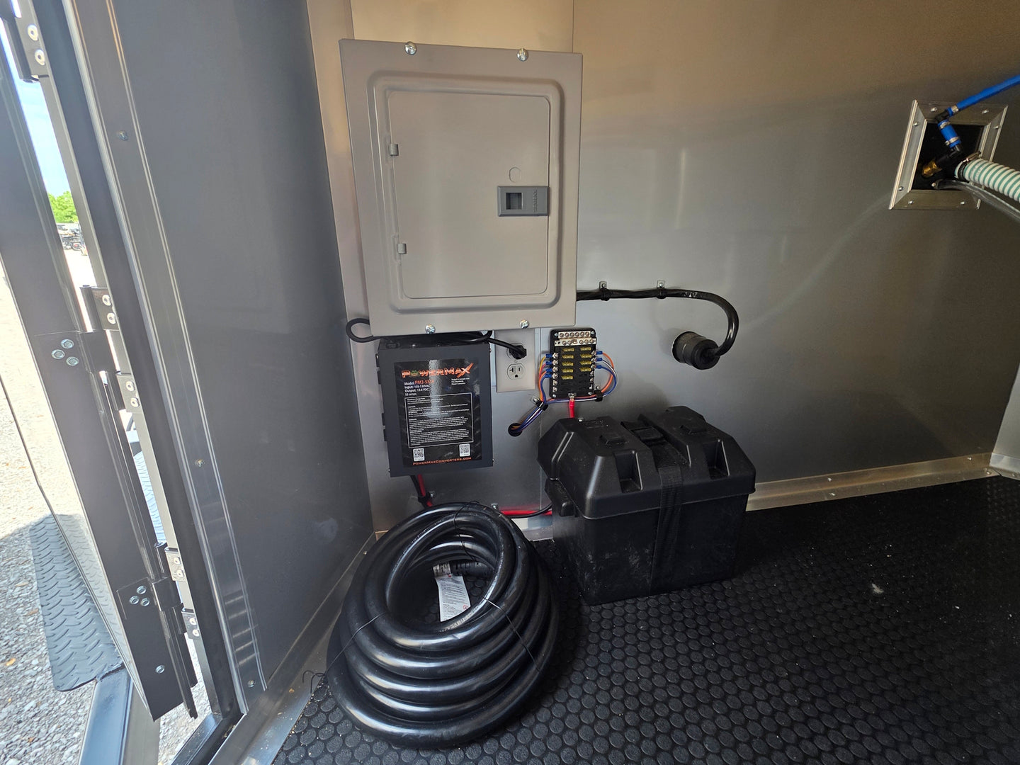 8.5'x16' Charcoal W/ Black Out Trim V-Nose Dual Awning Concession Trailer Electrical system picture 