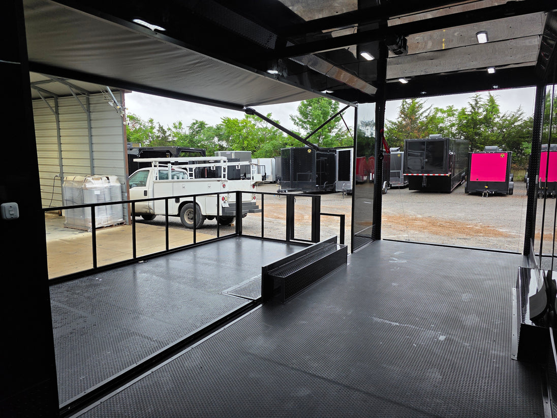 8.5'x24' Black Custom Event Stage Trailer w/ 16' Fold-Down Stage Interior front right angle picture 