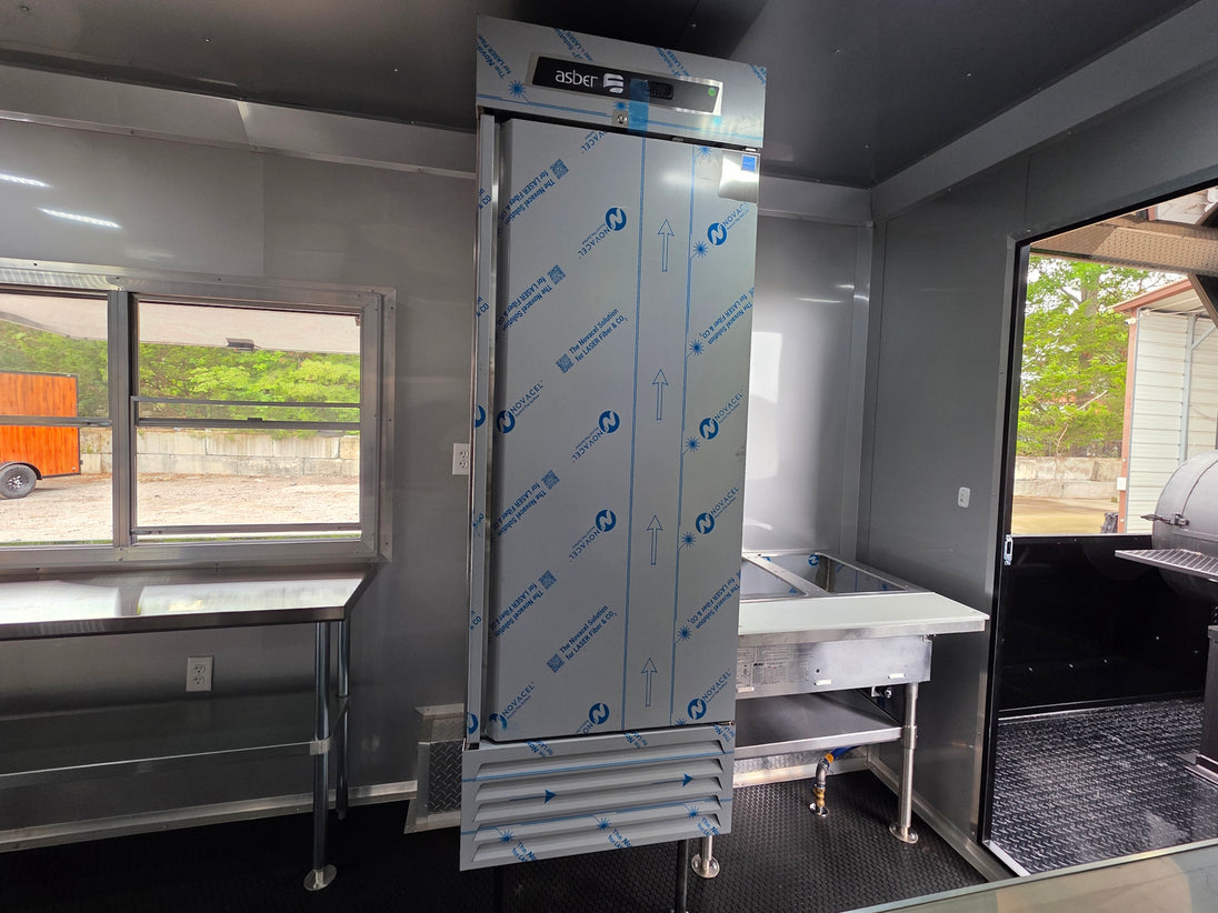 8.5'x28' Black w/ Black out trim Concession Trailer with Porch Package Fridge picture 