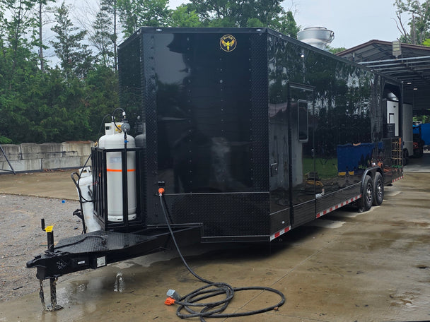8.5'x28' Black w/ Black out trim Concession Trailer with Porch Package Front right angle picture 