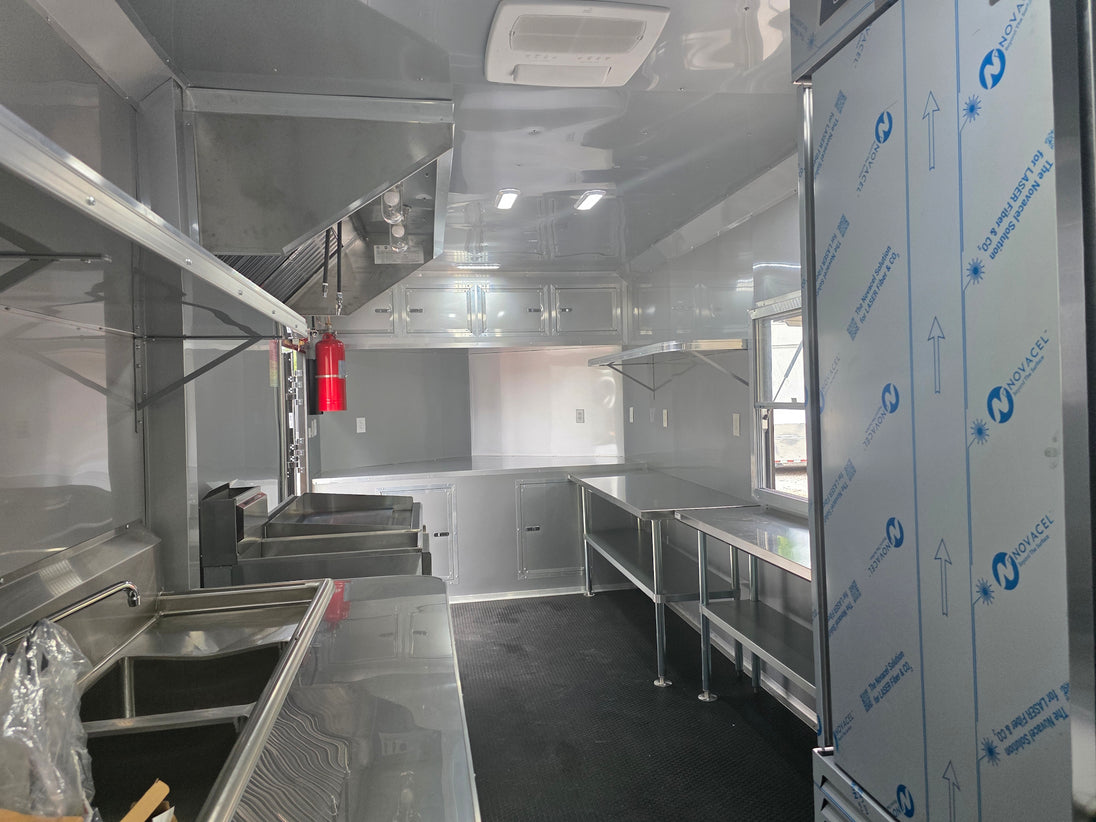 8.5'x28' Black w/ Black out trim Concession Trailer with Porch Package Interior back left picture 