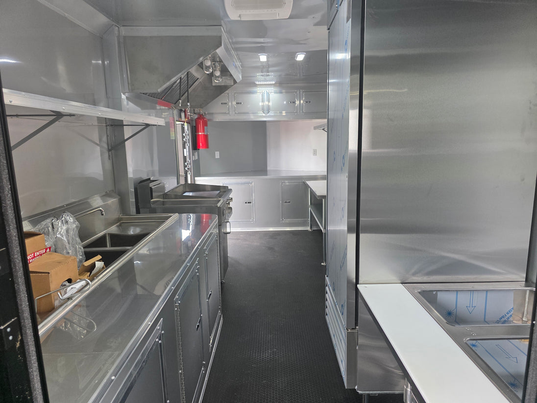 8.5'x28' Black w/ Black out trim Concession Trailer with Porch Package Interior back side picture 