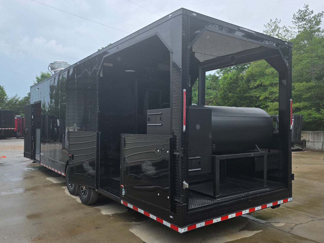 8.5'x28' Black w/ Black out trim Concession Trailer with Porch Package Open back left angle picture 