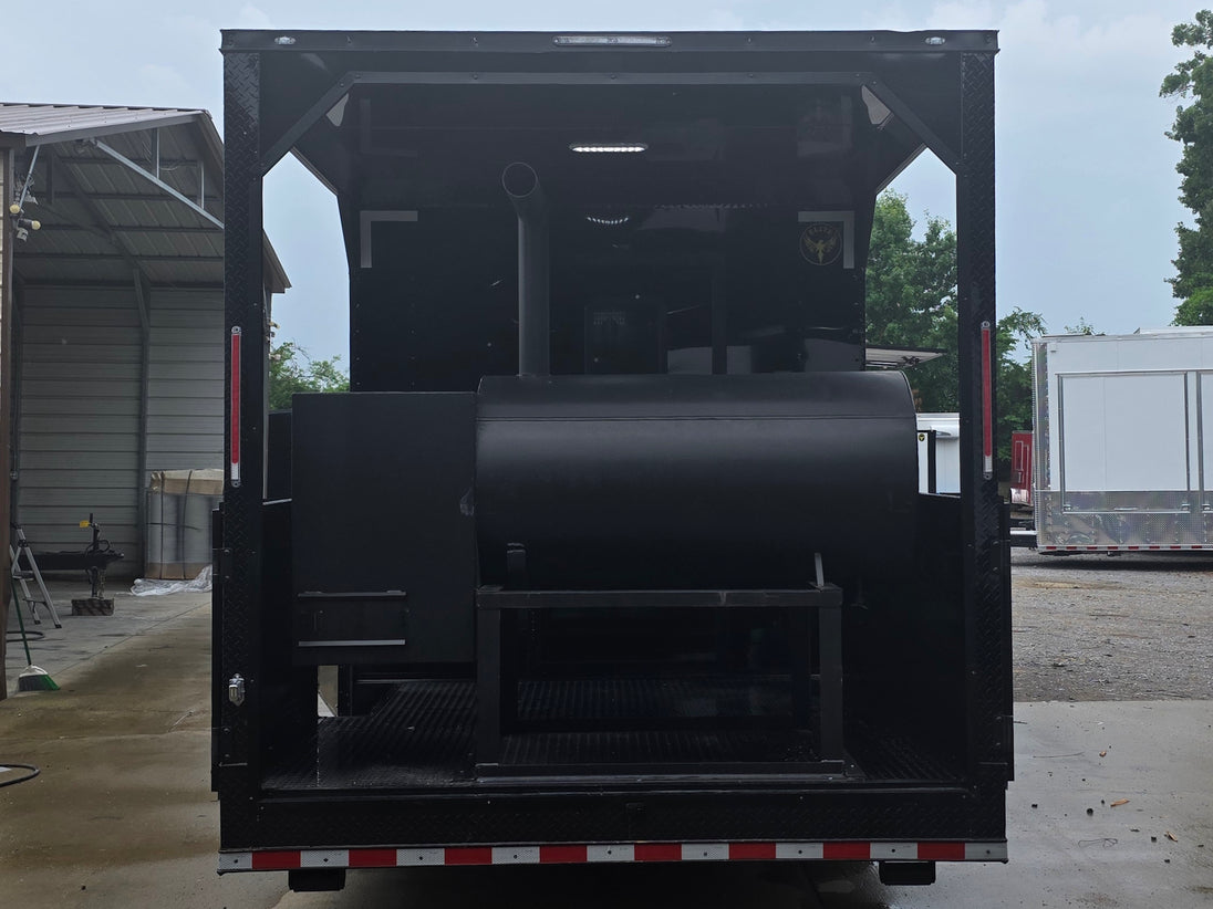 8.5'x28' Black w/ Black out trim Concession Trailer with Porch Package Open back side picture 