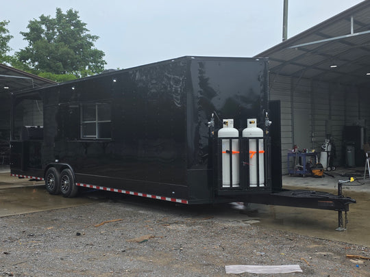 8.5'x28' Black w/ Black out trim Concession Trailer with Porch Package Open front left angle picture 