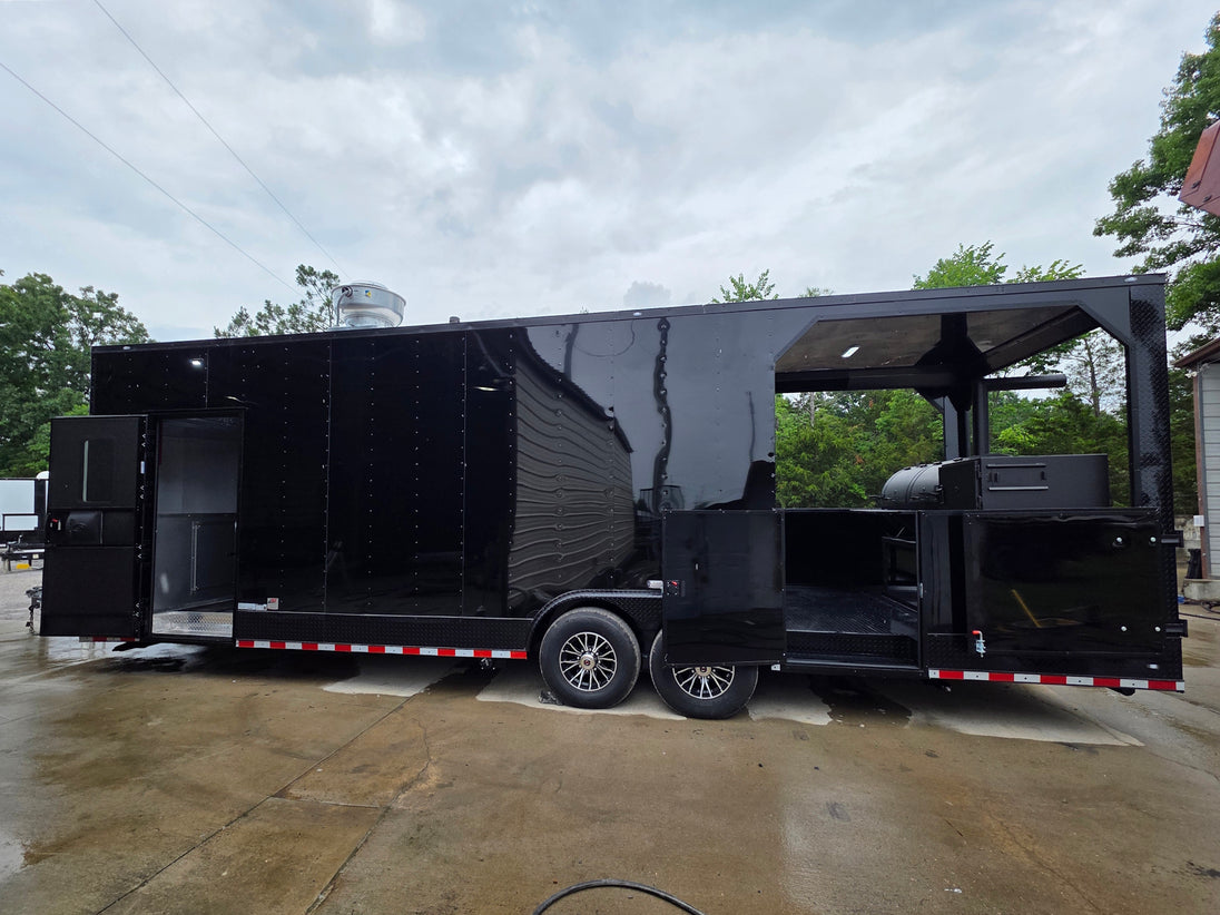 8.5'x28' Black w/ Black out trim Concession Trailer with Porch Package Open right side picture 