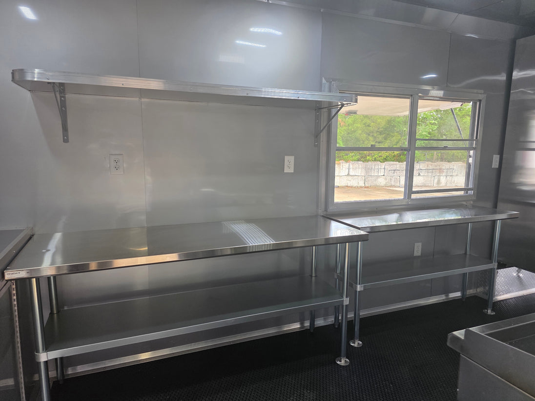 8.5'x28' Black w/ Black out trim Concession Trailer with Porch Package Shelves picture 
