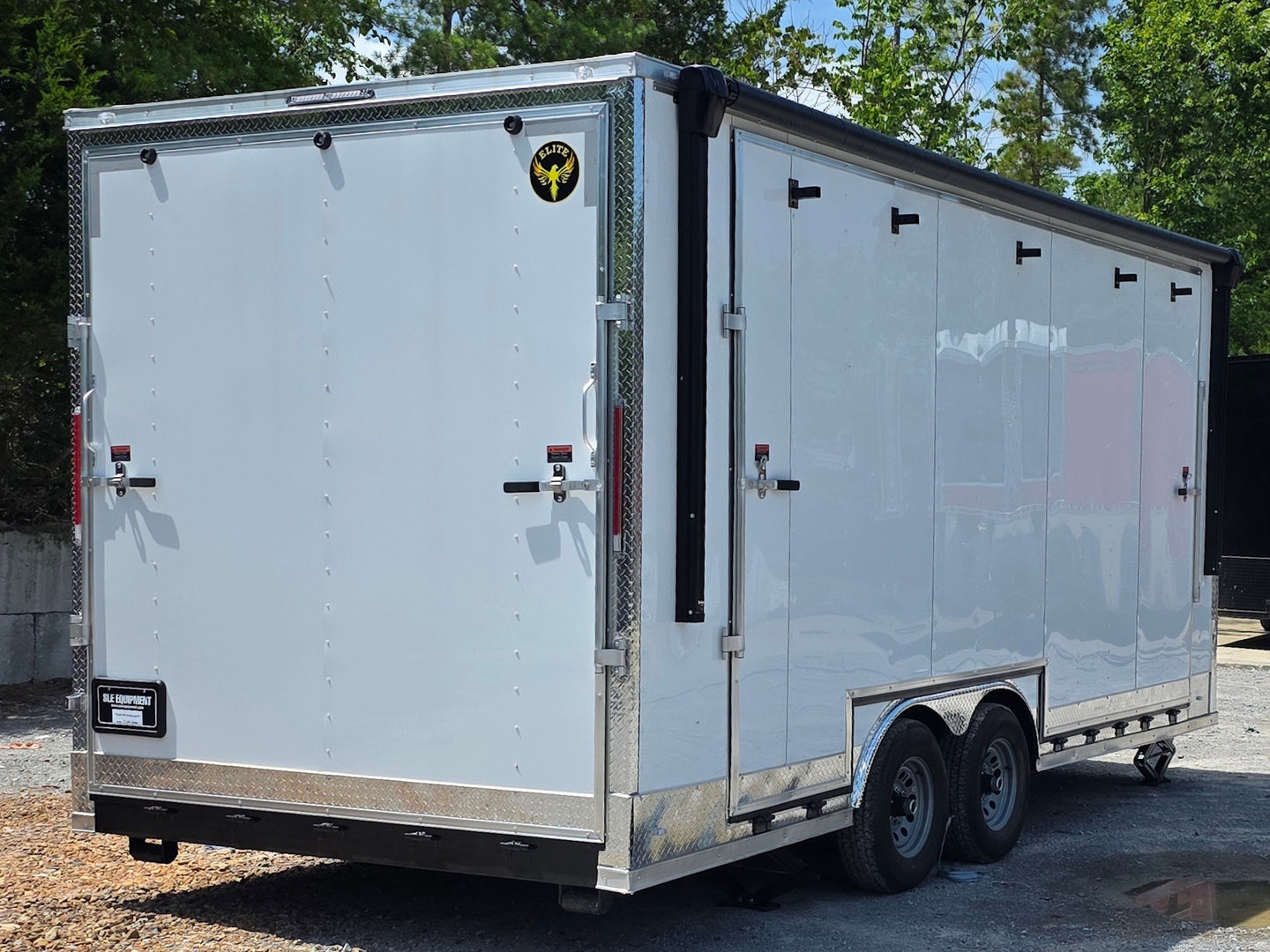 8.5' x 20' White Mobile Stage Trailer Back right angle picture 