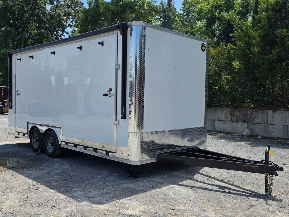 8.5' x 20' White Mobile Stage Trailer Front left angle picture 
