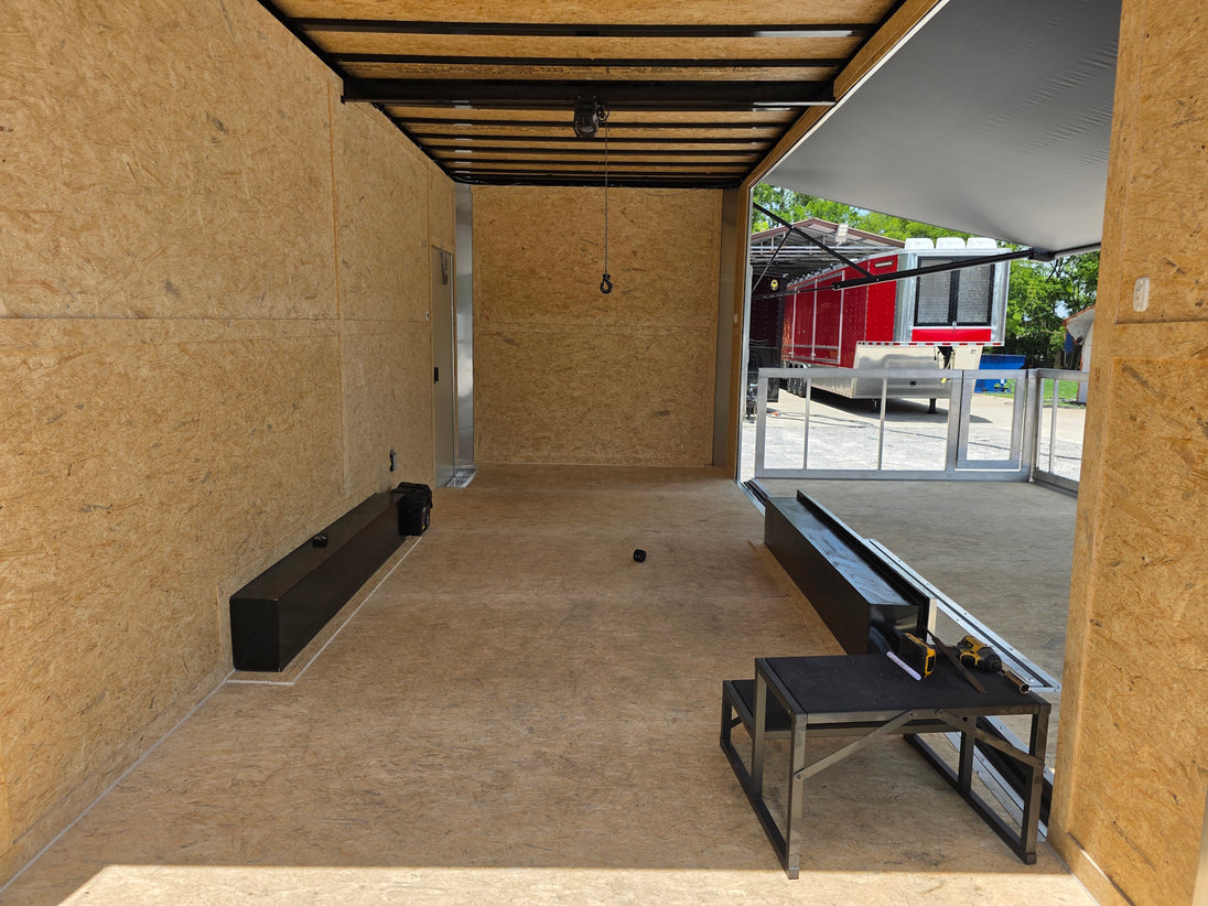 8.5' x 20' White Mobile Stage Trailer Interior back side picture 