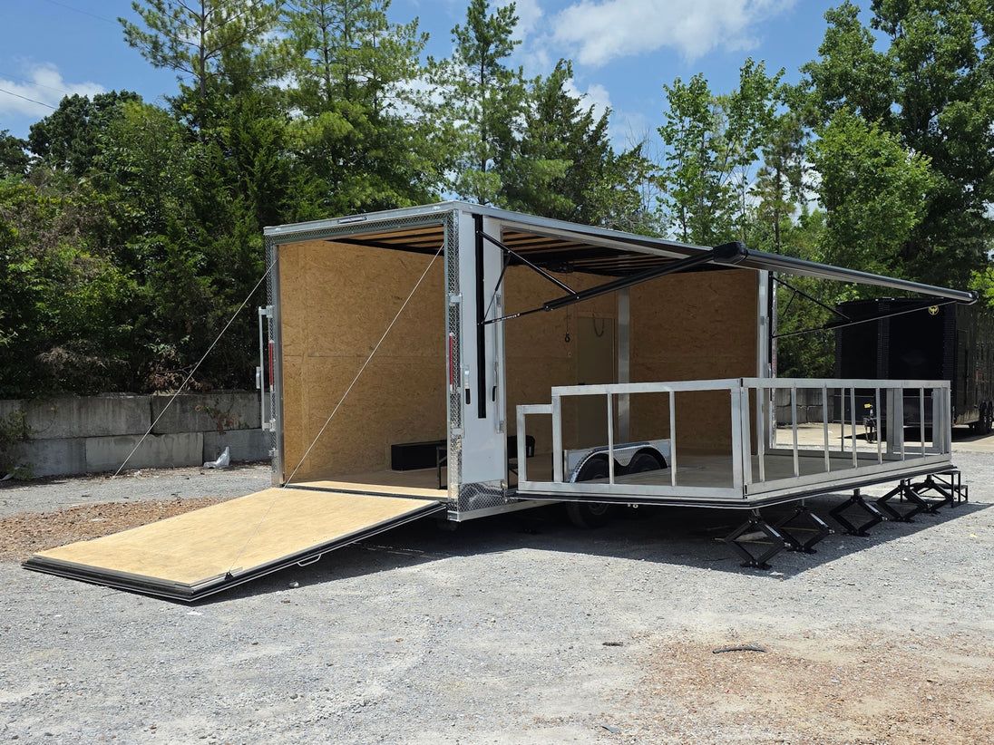 8.5' x 20' White Mobile Stage Trailer Open back right-angle picture 