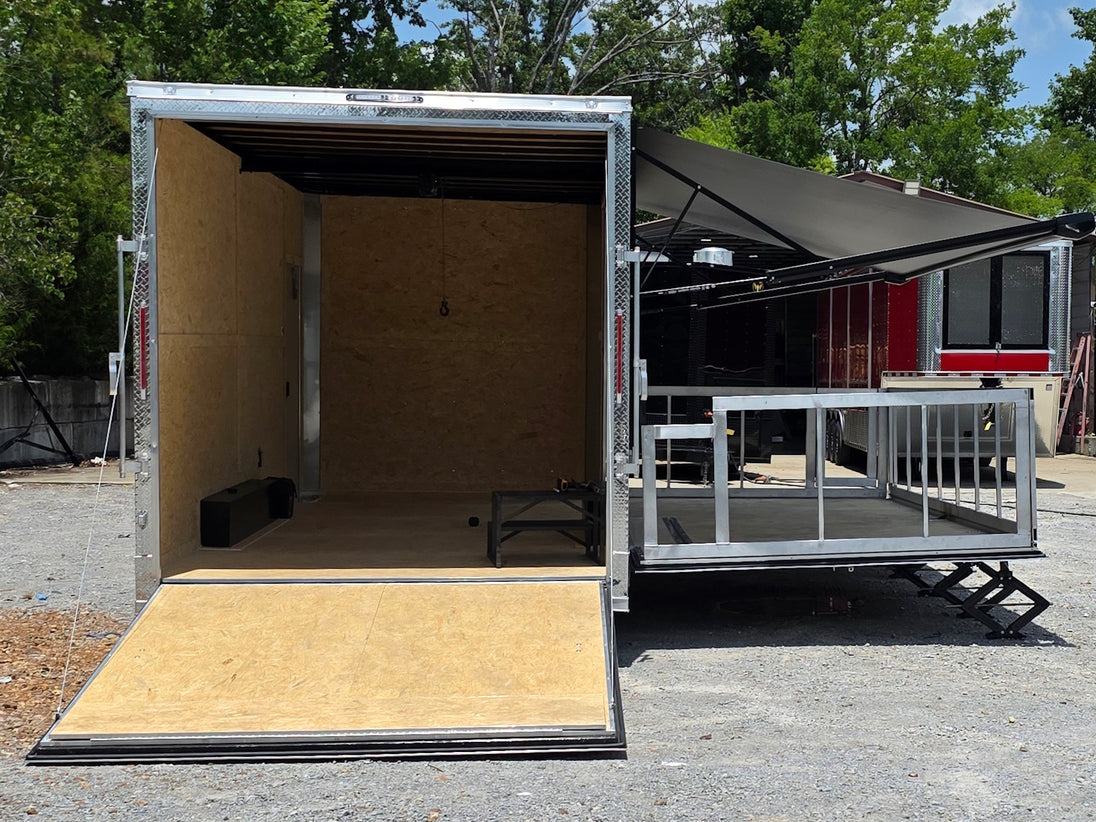 8.5' x 20' White Mobile Stage Trailer Open back side picture 