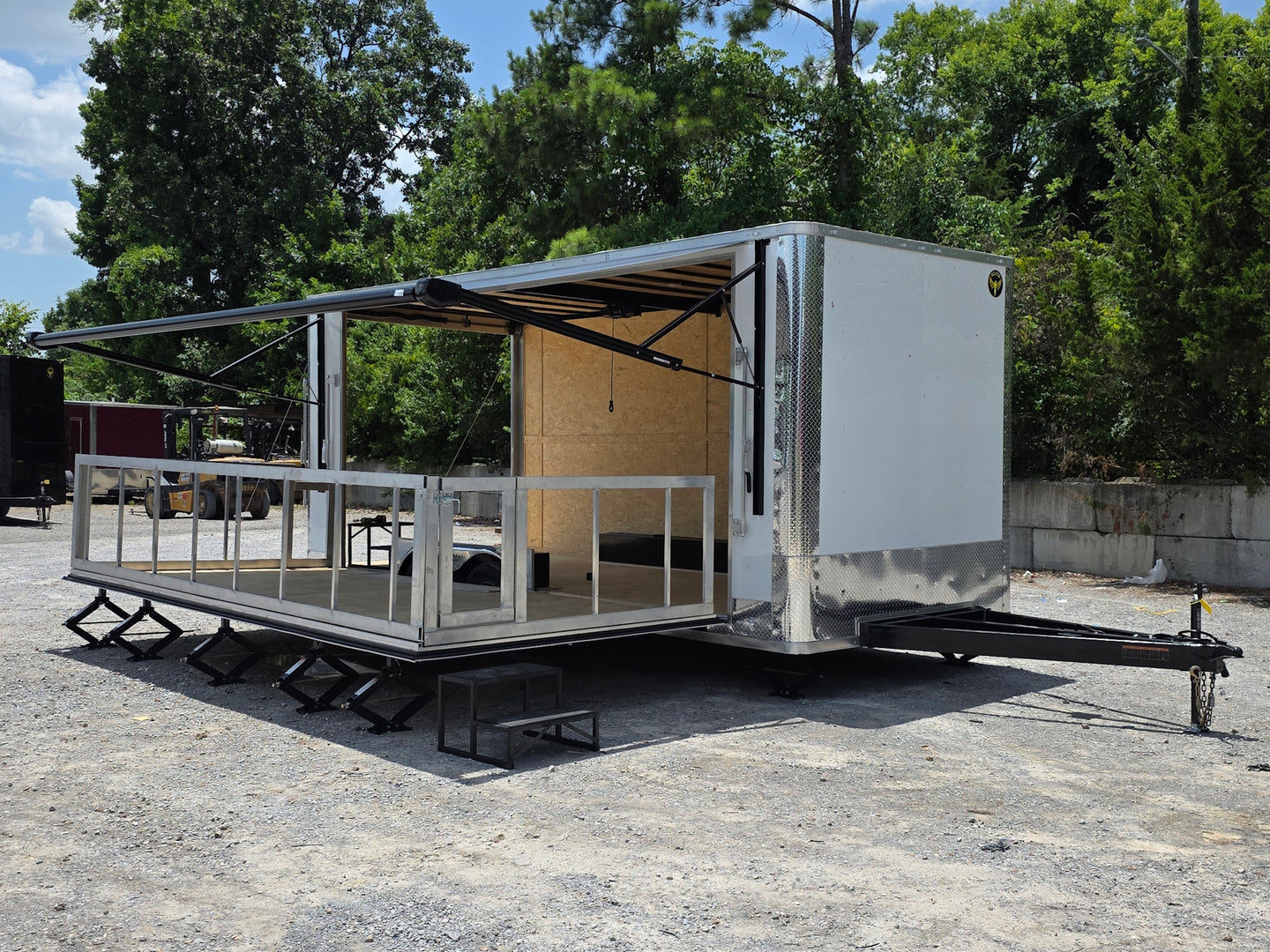 8.5' x 20' White Mobile Stage Trailer Open front left angle picture 