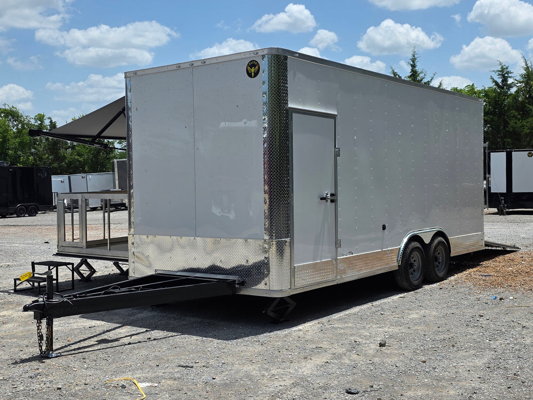 8.5' x 20' White Mobile Stage Trailer Open front right angle picture 