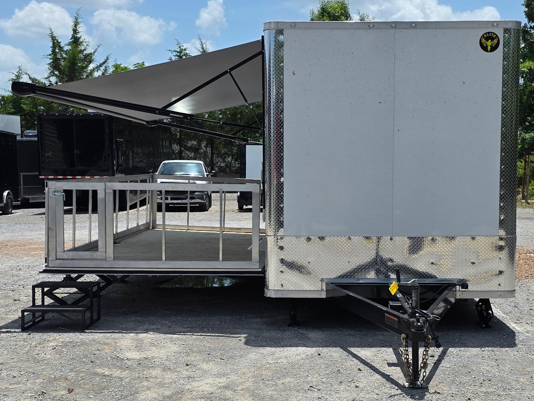 8.5' x 20' White Mobile Stage Trailer Open front side picture 