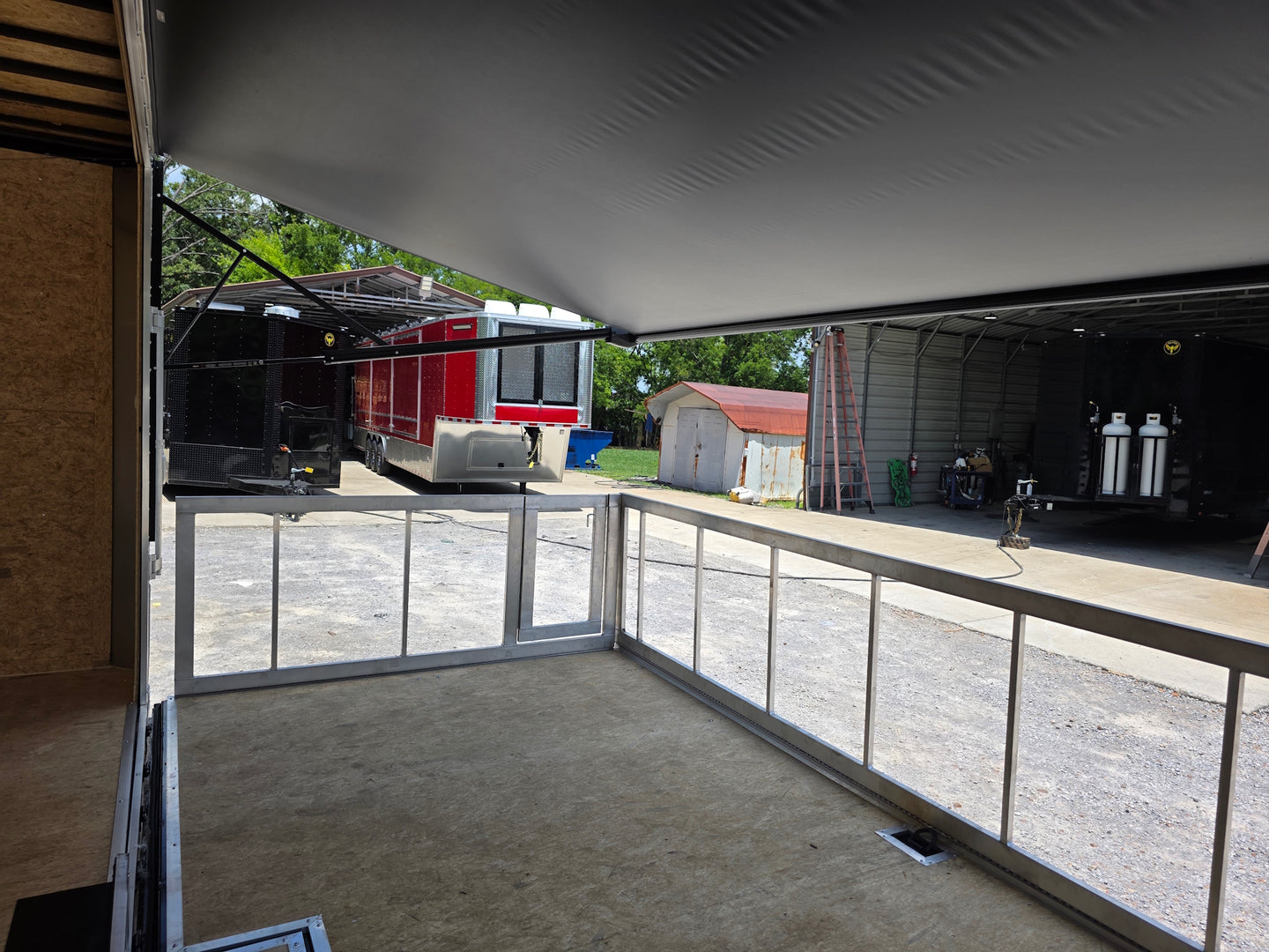 8.5' x 20' White Mobile Stage Trailer Interior porch back left angle picture 