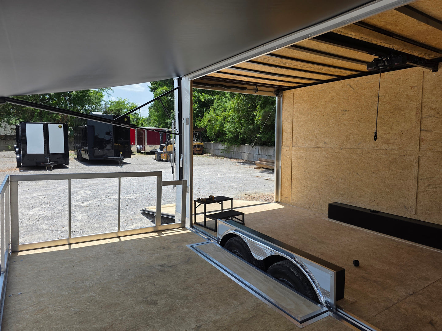 8.5' x 20' White Mobile Stage Trailer Porch front left angle picture 