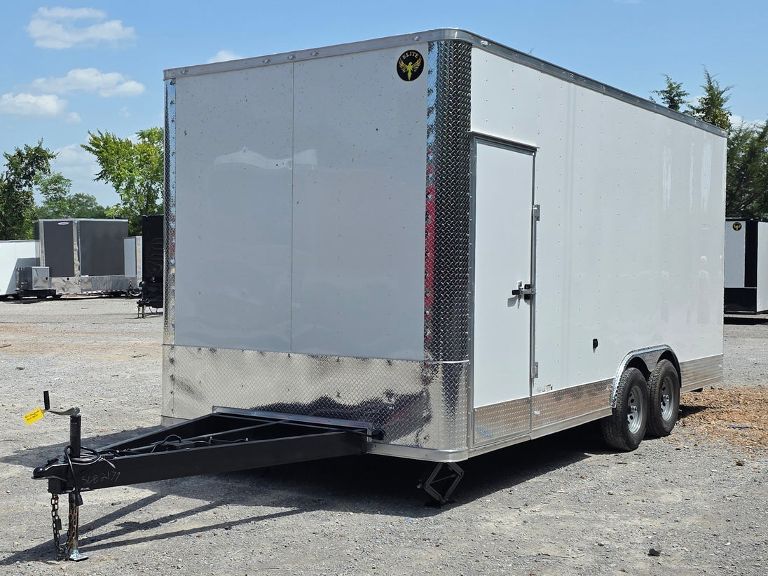 8.5' x 20' White Mobile Stage Trailer front right angle picture 