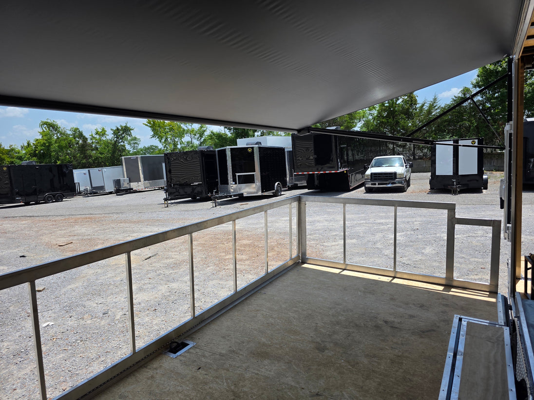 8.5' x 20' White Mobile Stage Trailer Porch front right angle picture 