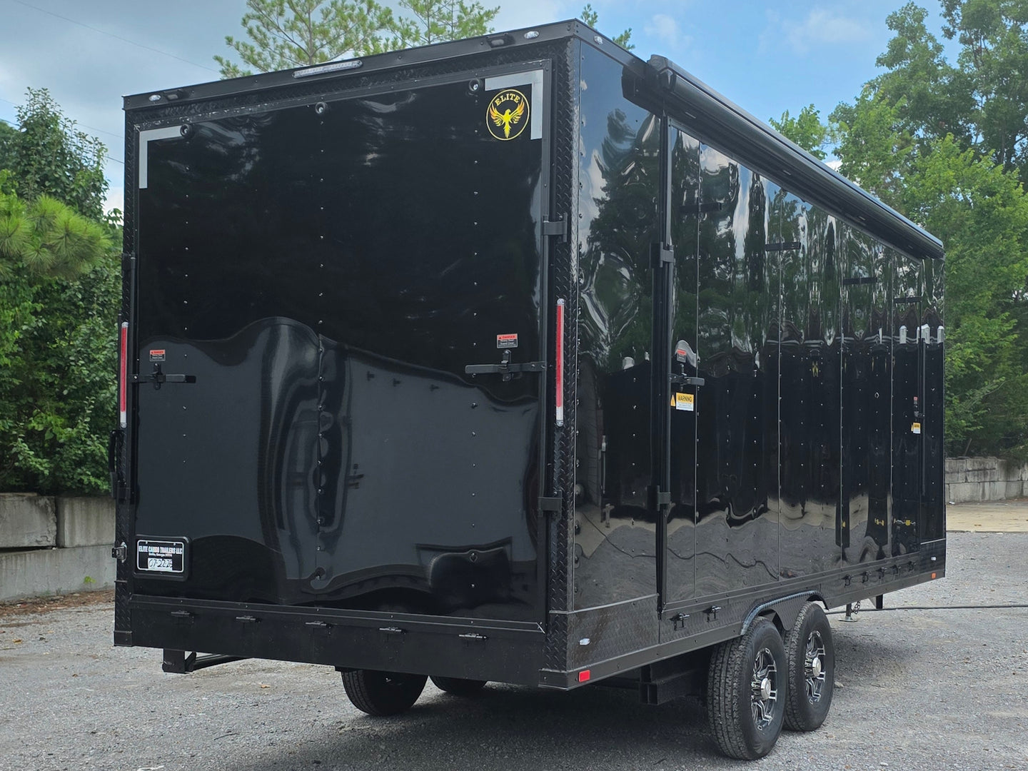 8.5' x 22' Black Deckover Mobile Stage Trailer with Blackout Package Back right-angle picture 
