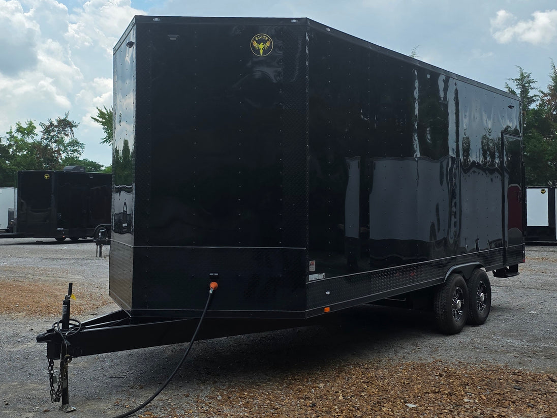 8.5' x 22' Black Deckover Mobile Stage Trailer with Blackout Package Front right angle picture 