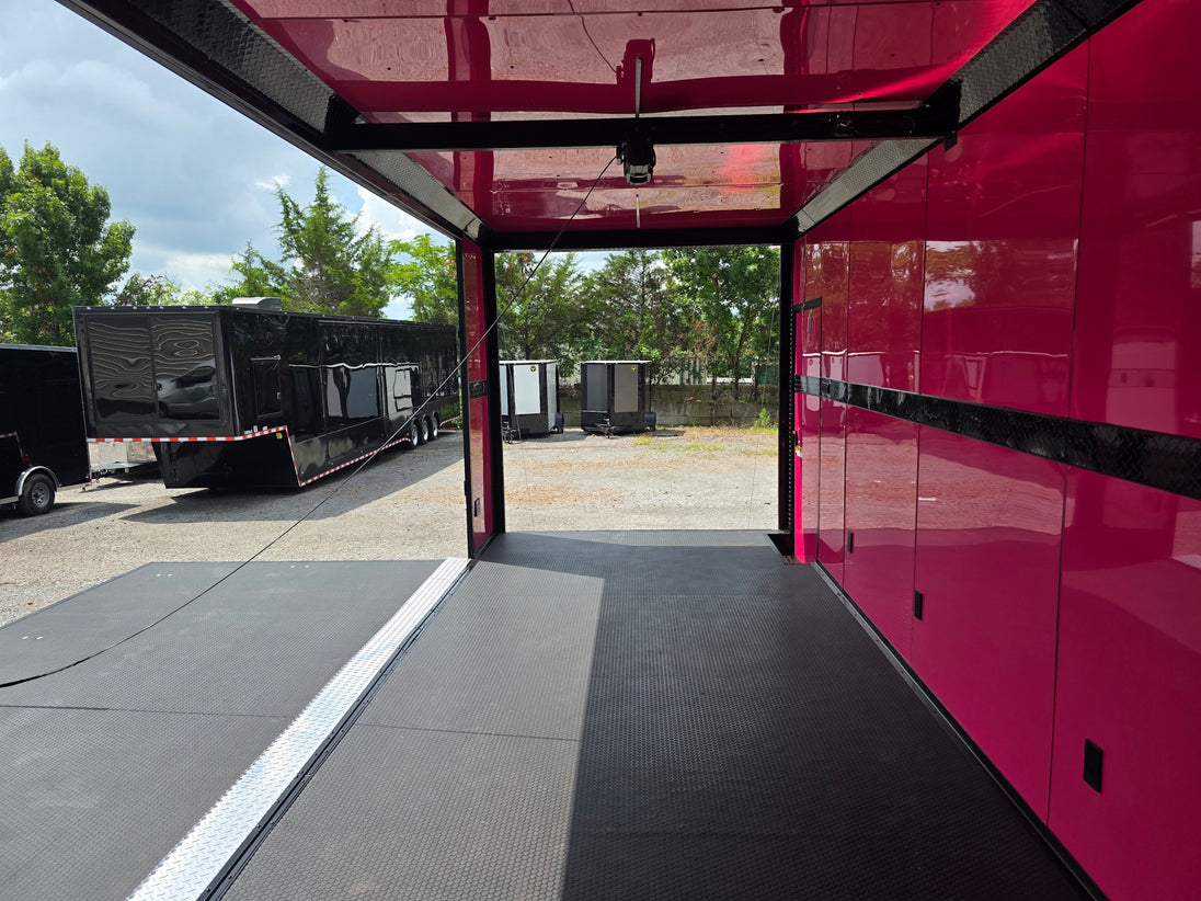 8.5' x 22' Black Deckover Mobile Stage Trailer with Blackout Package interior front side picture 
