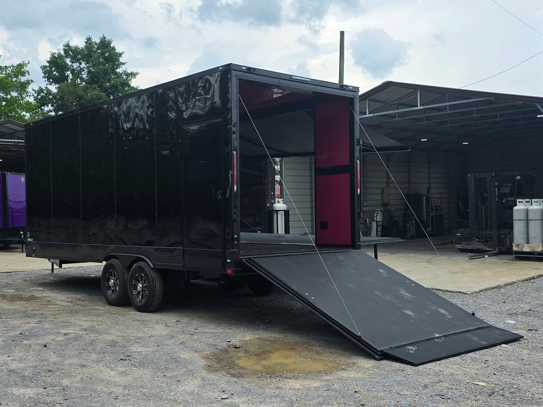 8.5' x 22' Black Deckover Mobile Stage Trailer with Blackout Package Open back left angle picture