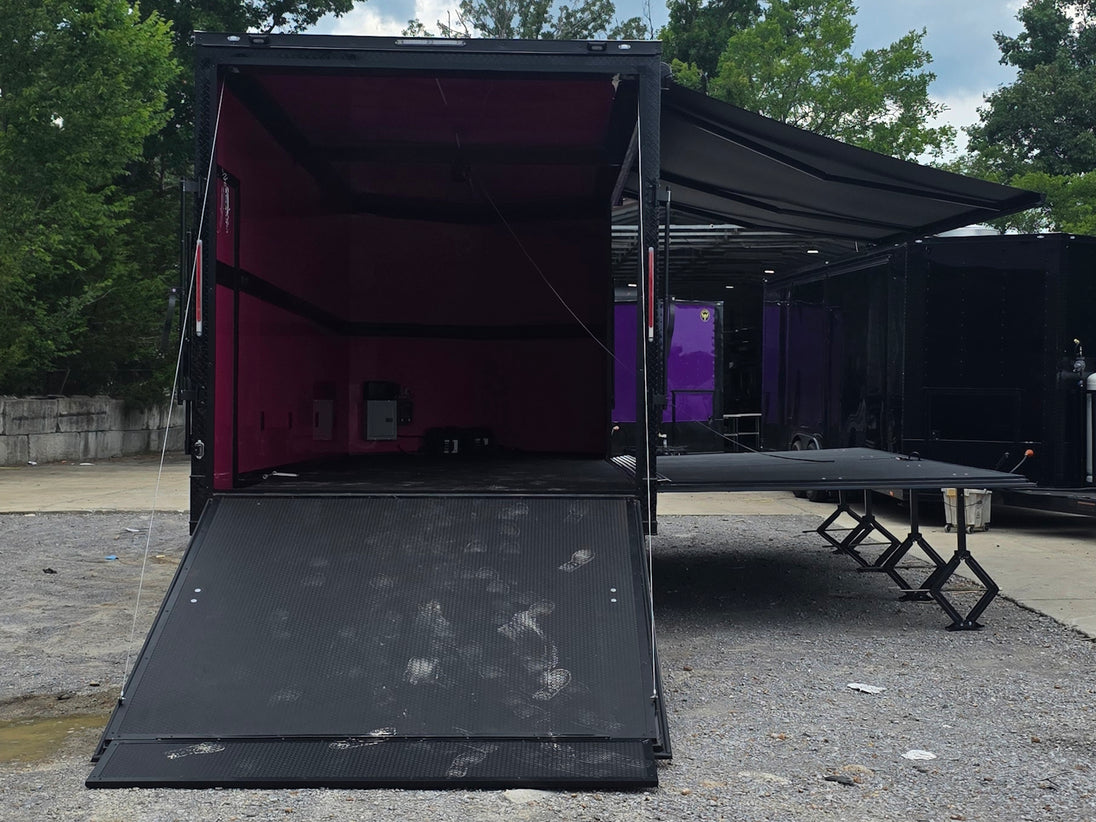 8.5' x 22' Black Deckover Mobile Stage Trailer with Blackout Package Open back side picture 