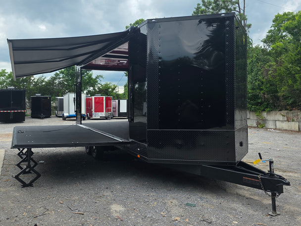 8.5' x 22' Black Deckover Mobile Stage Trailer with Blackout Package Open front left angle picture 