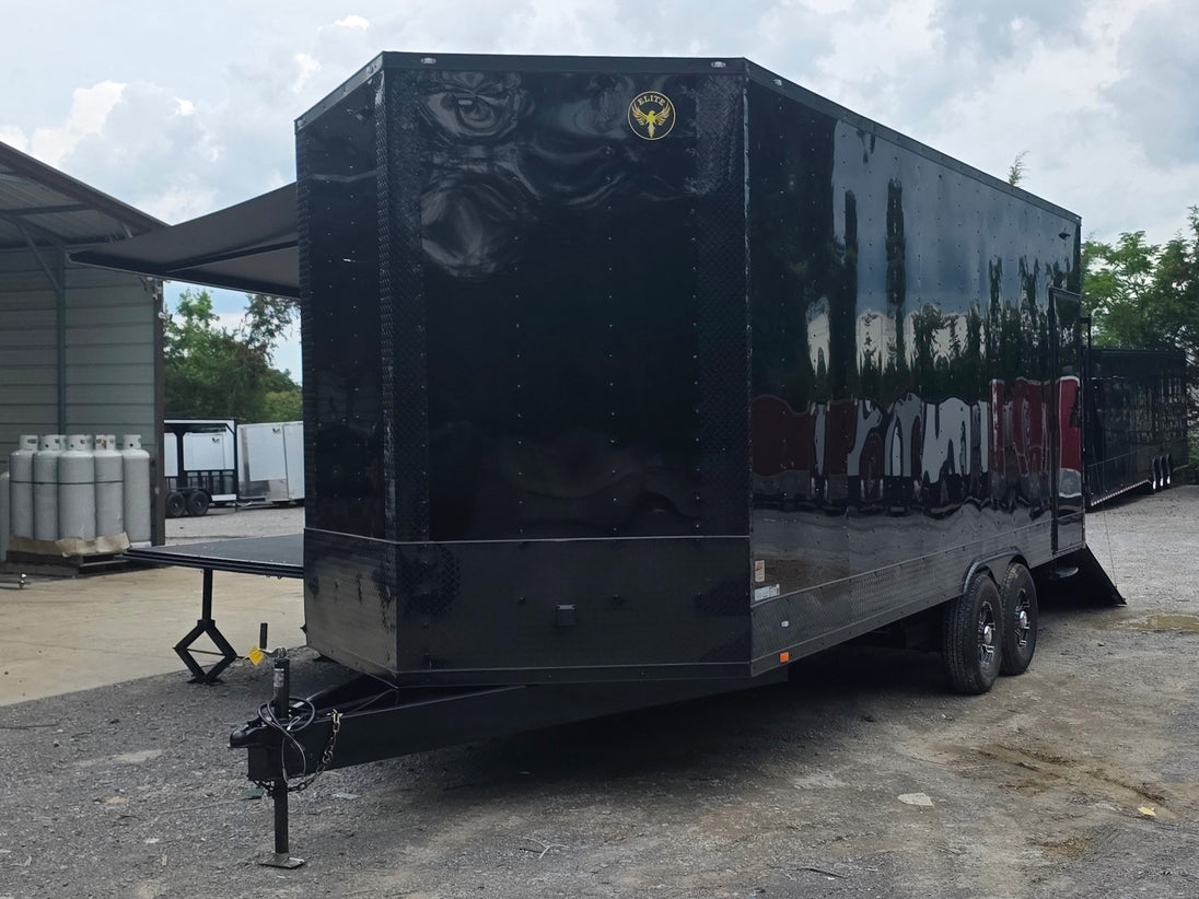 8.5' x 22' Black Deckover Mobile Stage Trailer with Blackout Package Open front right angle picture 