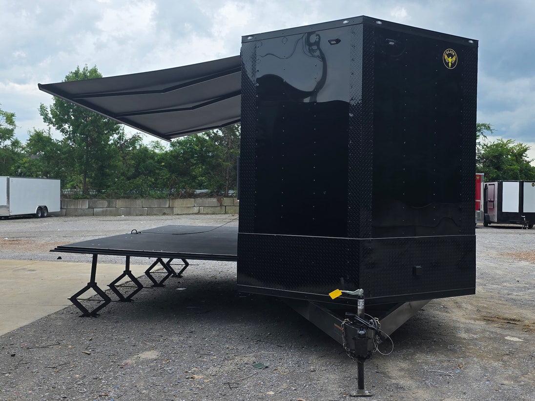 8.5' x 22' Black Deckover Mobile Stage Trailer with Blackout Package Open front side picture 