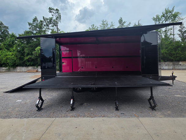 8.5' x 22' Black Deckover Mobile Stage Trailer with Blackout Package Open left side picture