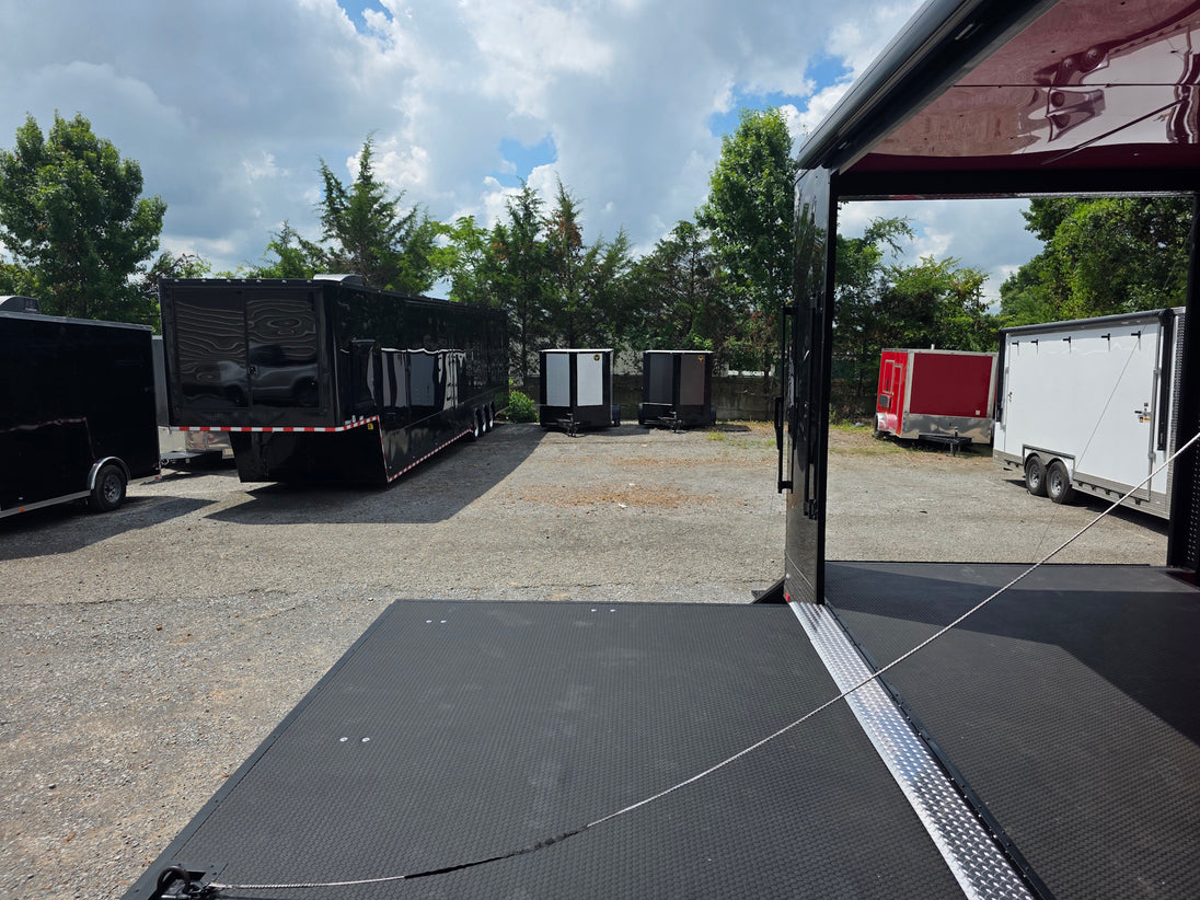 8.5' x 22' Black Deckover Mobile Stage Trailer with Blackout Package Stage front side picture 