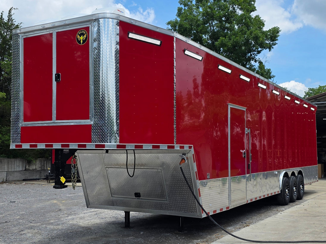 8.5' x 40' Gooseneck Display Merchandise Concession Trailer Front right angle picture 