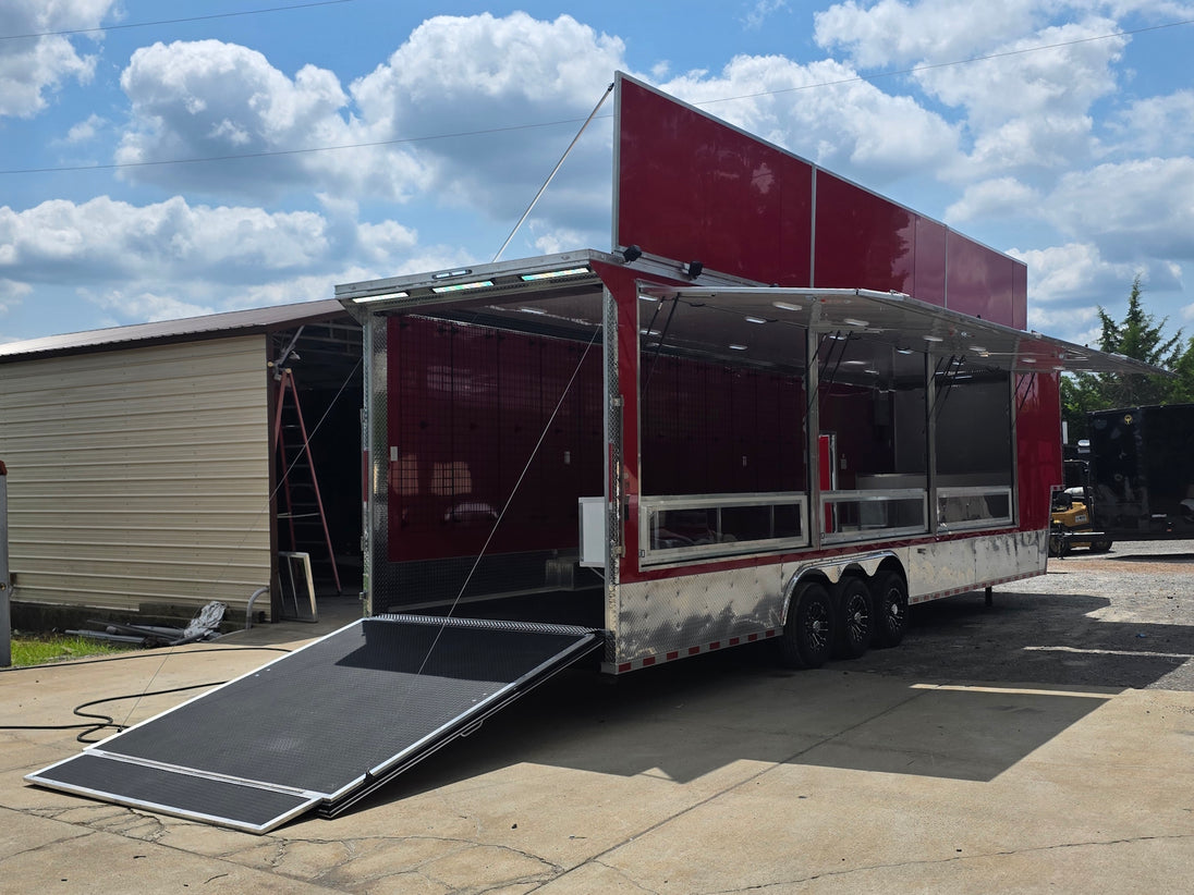 8.5' x 40' Gooseneck Display Merchandise Concession Trailer Open back right-angle picture 