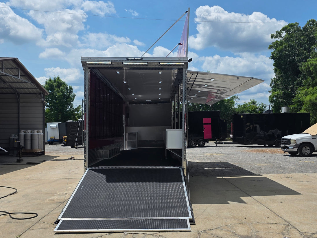 8.5' x 40' Gooseneck Display Merchandise Concession Trailer Open back side picture 