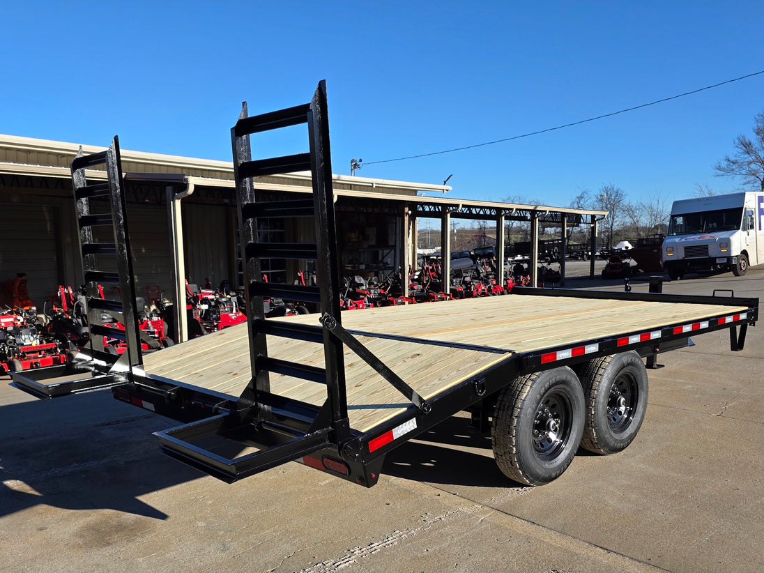 8.5x16 I-Beam Deckover Trailer (2) 7K Axles Stand-Up Ramps 14K GVWR back left angled view 