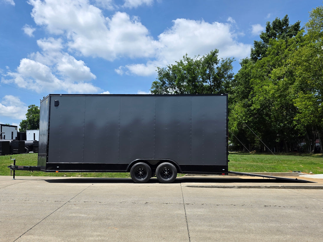 8.5x20 Charcoal Enclosed Trailer with Blackout Package (2) 5200lb Axles Storage Open Right-side picture 