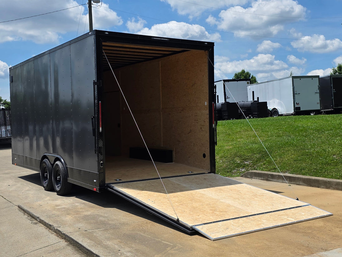 8.5x20 Charcoal Enclosed Trailer with Blackout Package (2) 5200lb Axles Storage Open back left angle picture 
