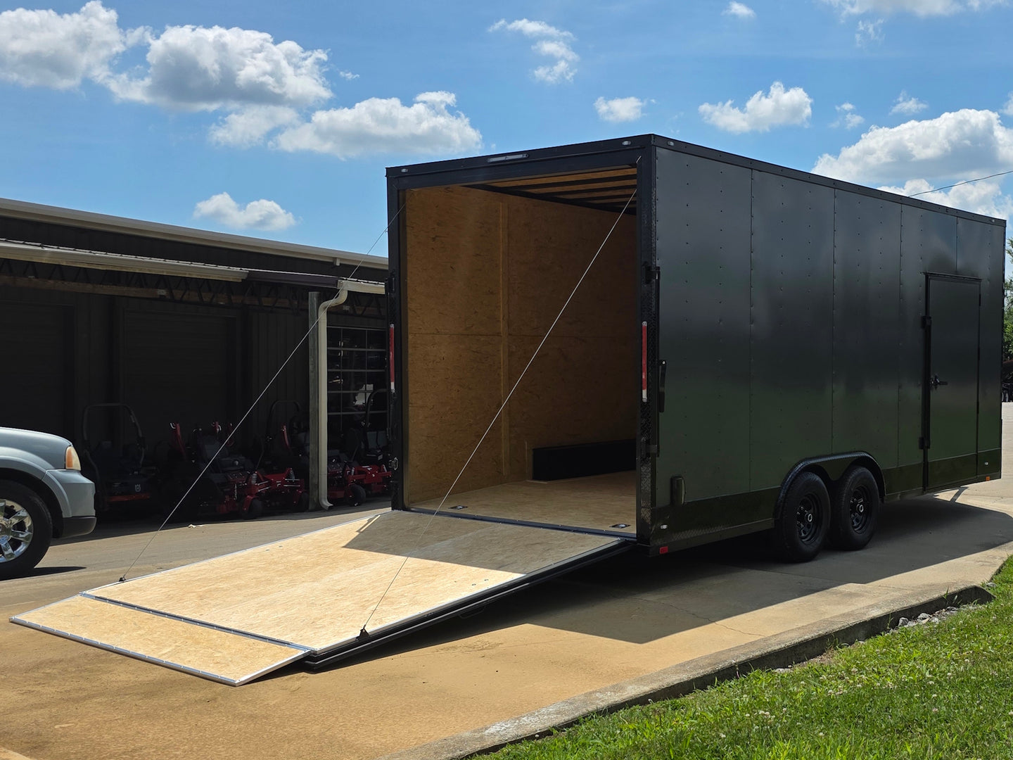 8.5x20 Charcoal Enclosed Trailer with Blackout Package (2) 5200lb Axles Storage Open back right angle picture 