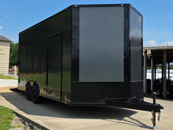 8.5x20 Charcoal Enclosed Trailer with Blackout Package (2) 5200lb Axles Storage Open front left angle picture 