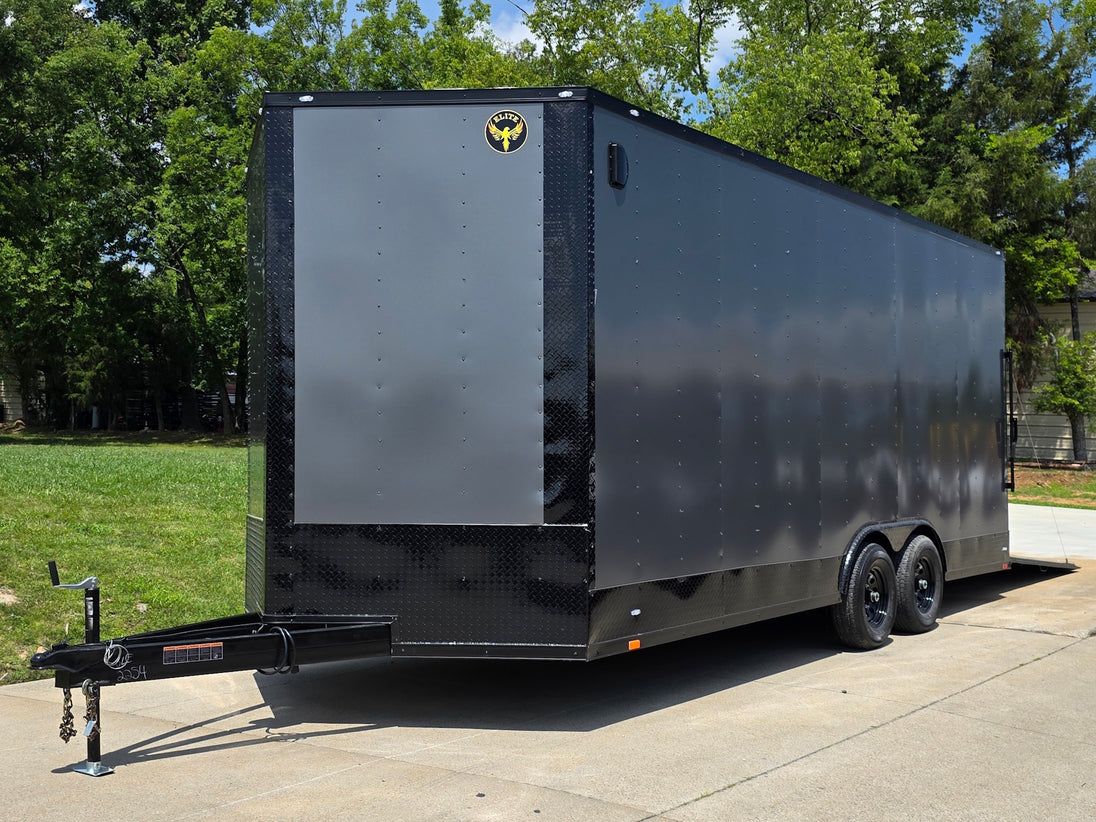 8.5x20 Charcoal Enclosed Trailer with Blackout Package (2) 5200lb Axles Storage Open front right angle picture 