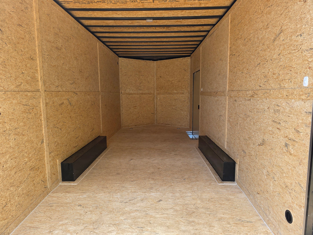 8.5x20 Charcoal Enclosed Trailer with Blackout Package (2) 5200lb Axles Storage Interior 8.5x20 Charcoal Enclosed Trailer with Blackout Package (2) 5200lb Axles Storage Interior back side picture 