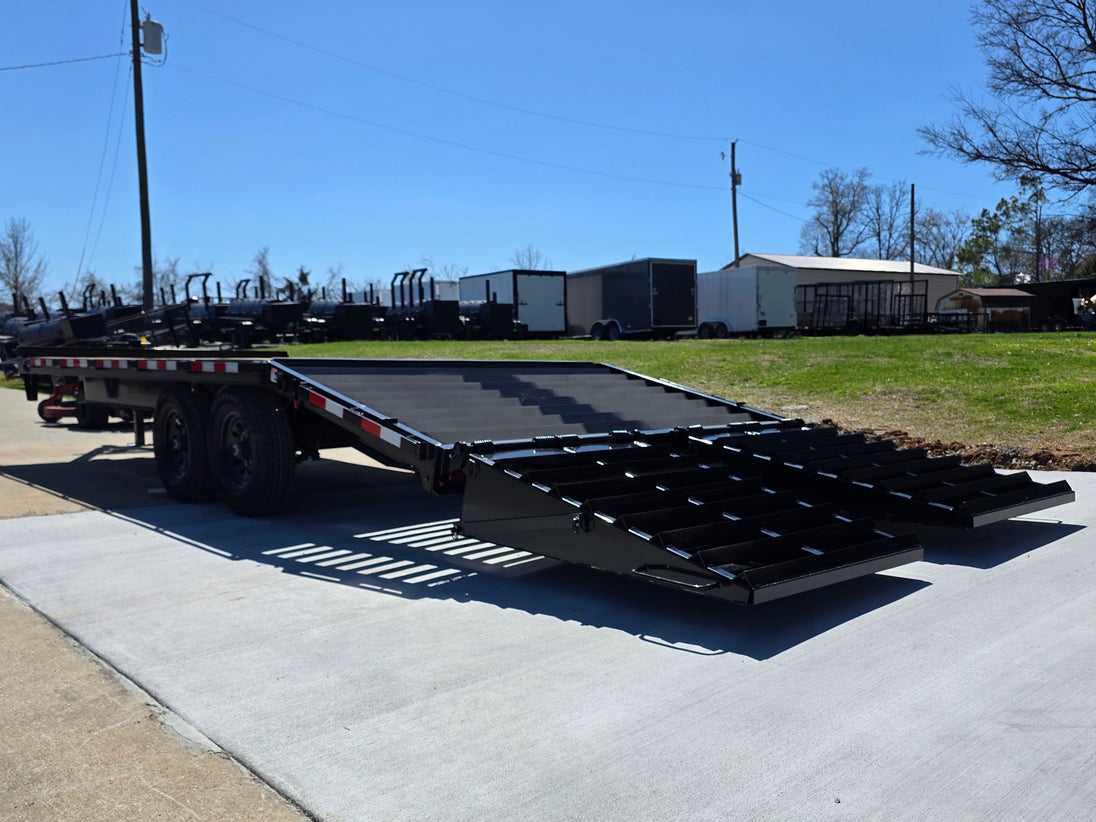 8.5x20 I Beam Deck over Dovetail Equipment Trailer 2-7k Axles with King Kong Ramps Open back left angle picture 