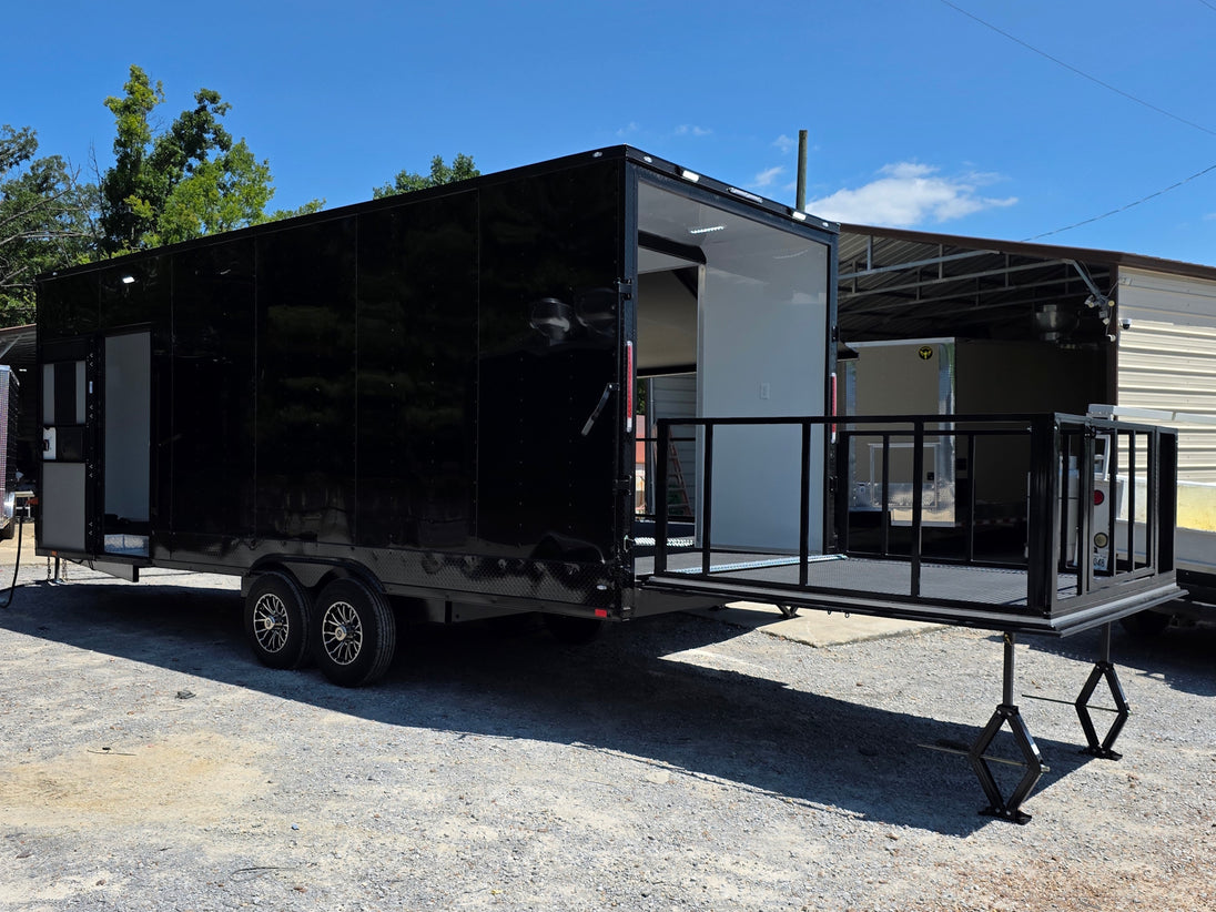 8.5x24 Black Stage trailer-34619 Open back left angle picture 