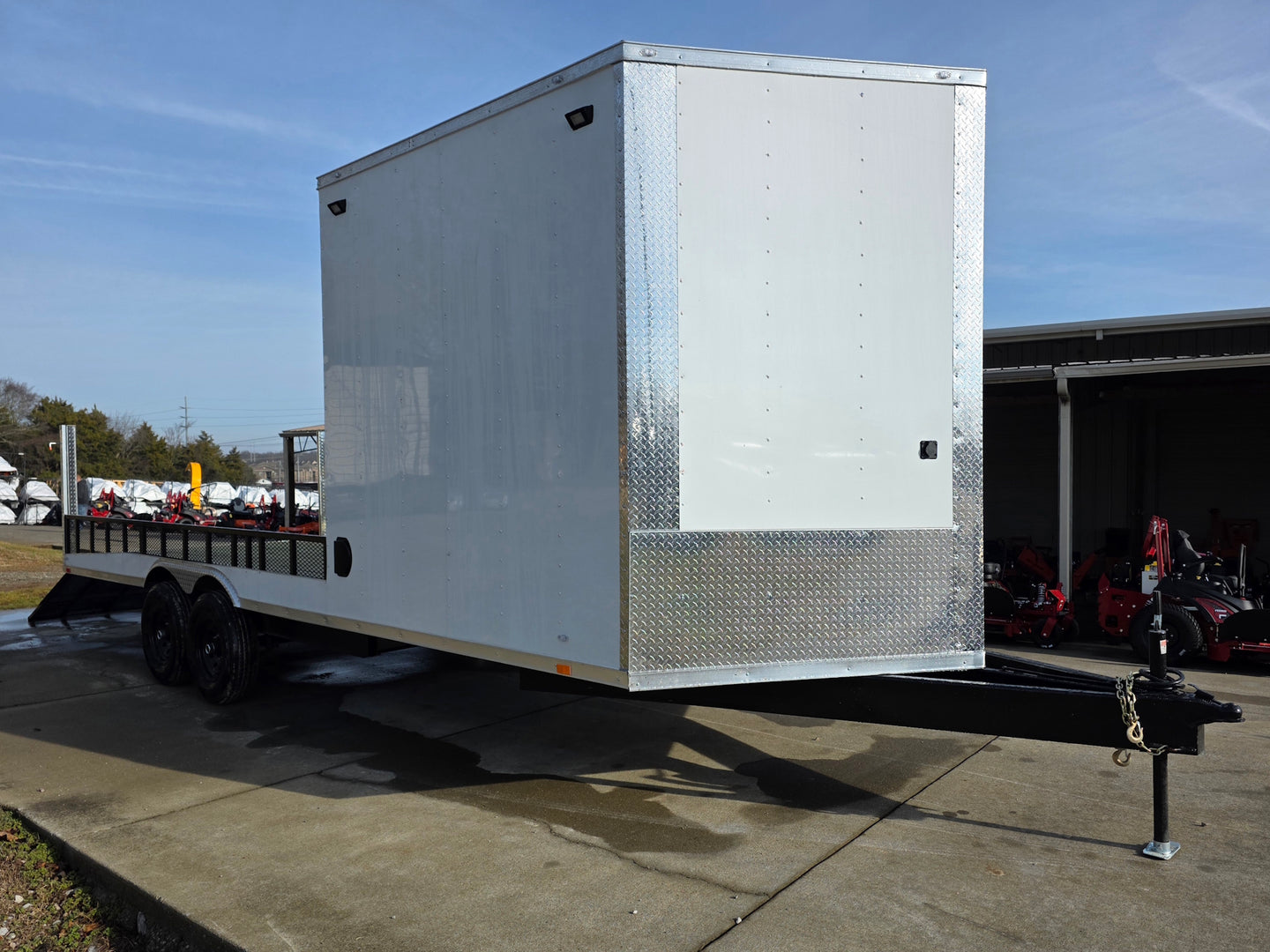 8.5x24 Hybrid White Enclosed V-Nose Trailer (2) 7000lb Axles left angled view picture with ramp down 
