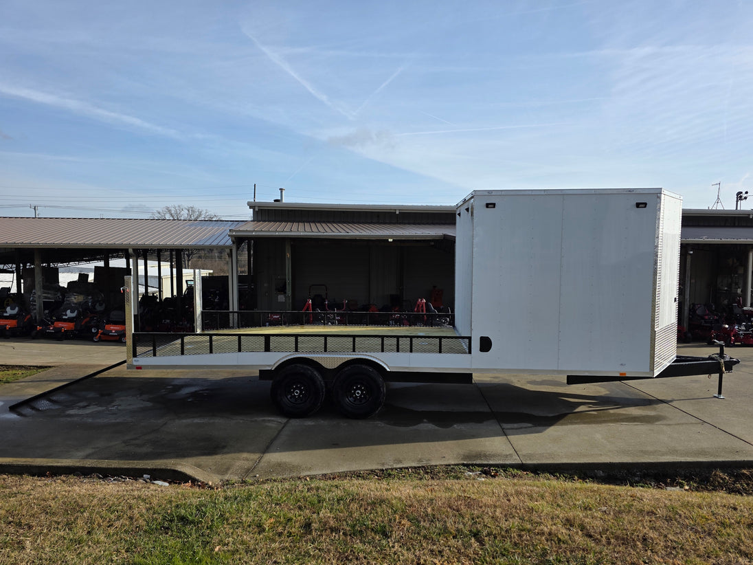 8.5x24 Hybrid White Enclosed V-Nose Trailer (2) 7000lb Axles left side view picture with ramp down 