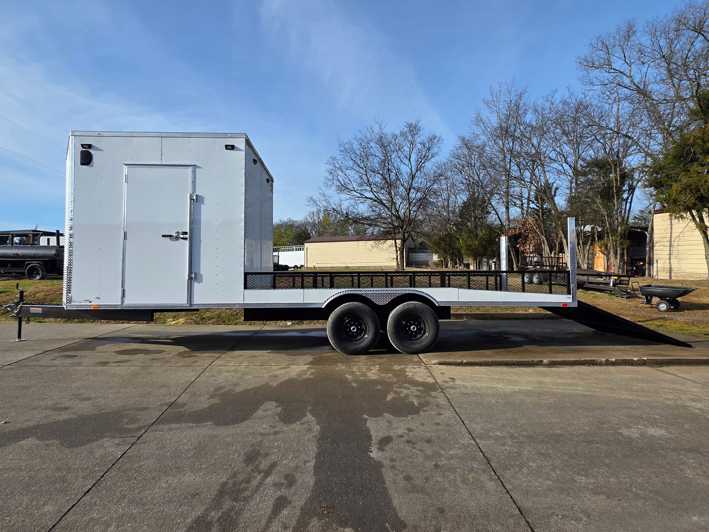 8.5x24 Hybrid White Enclosed V-Nose Trailer (2) 7000lb Axles right side view picture with ramp down 
