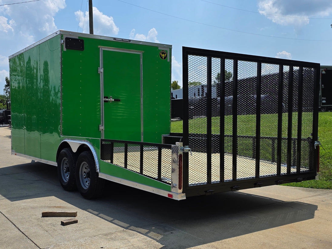 8.5x24 Lime Green Enclosed Hybrid (2) 7,000lb axles Back left angle picture 